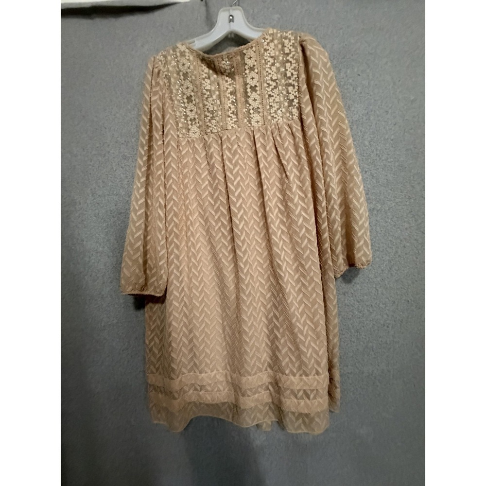 One September Dress Womens L Beige Chevron Sequin V Neck Long Sleeve Shift Boho - Picture 2 of 13